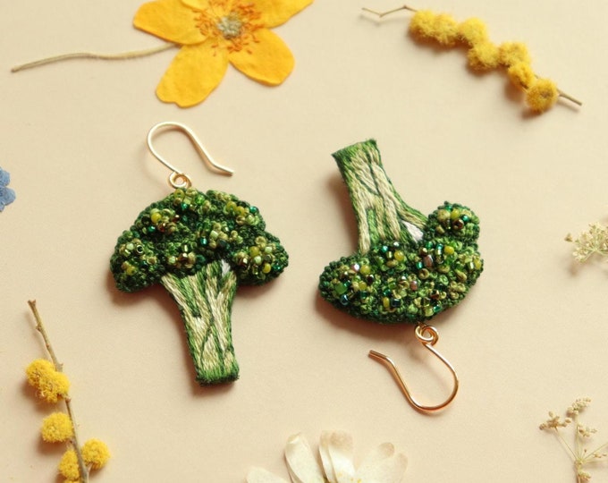 Hand embroidered broccoli vegetable earrings with beads, veggie jewelry gift