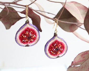 Fig fruit earrings, food embroidered seed beaded earrings.