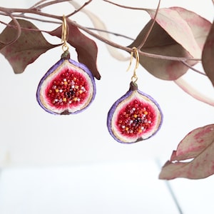 Fig fruit earrings, food embroidered seed beaded earrings.