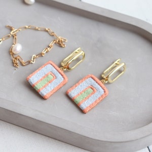 Embroidered arch earrings, pastel rainbow abstract arc earrings as minimalist modern jewelry image 1