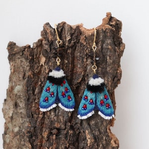Cute insect jewelry, turquoise moth earrings, butterfly earrings embroidery