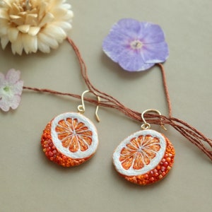 Orange fruit earrings embroidery, handmade food citrus jewelry