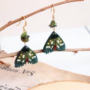 Embroidered Moth Insect Earrings: Tourmaline Stone, 14k Gold-Plated