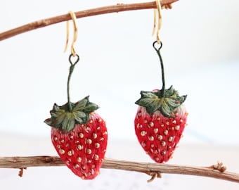 Embroidered strawberry earrings, handmade beaded fruit earrings.