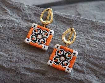 Bohemian floral tile earrings with geometric ornament, orange vintage style earrings