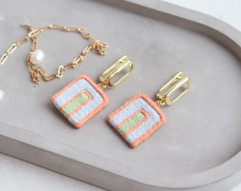 Embroidered arch earrings, pastel rainbow abstract arc earrings as minimalist modern jewelry