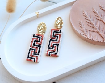 Long dangle Greek style earrings, antique gold bar earrings with geometric pattern