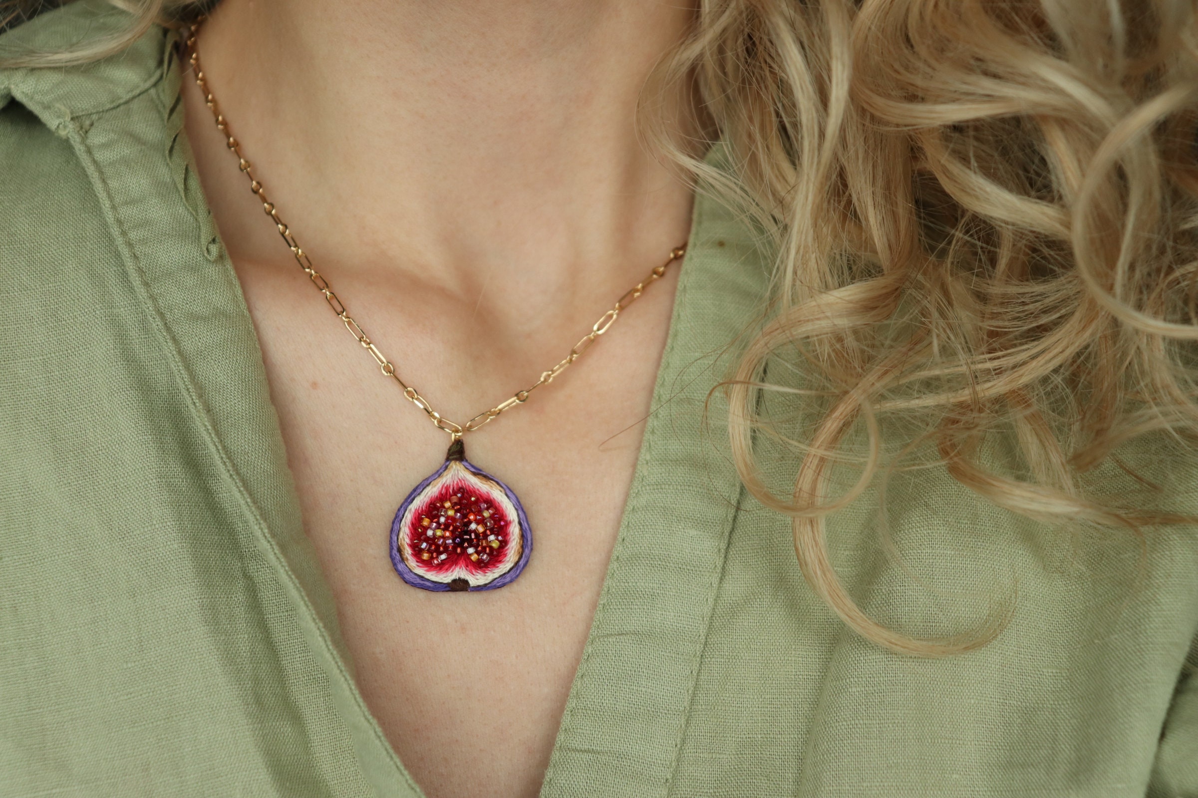 Fig Fruit Necklace, Dainty Fig Jewelry, Beaded Embroidered Plant