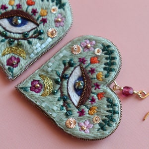 Weird Evil eye heart earrings, floral large embroidered heart jewelry image 2