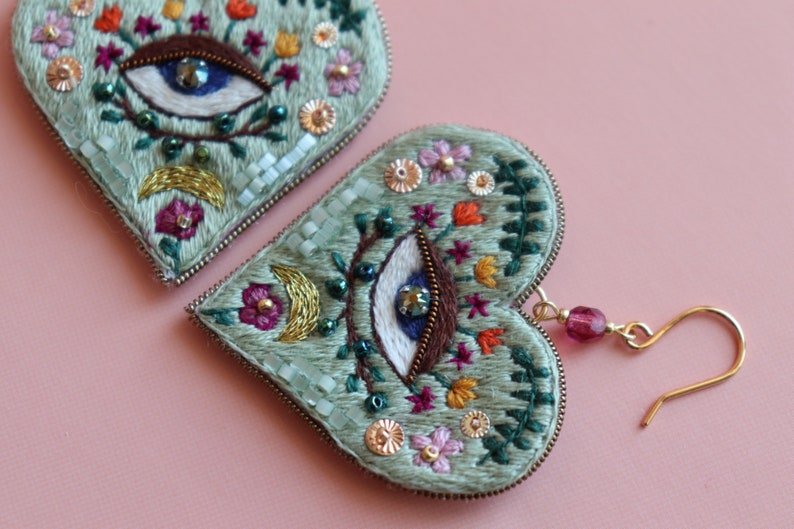 Weird Evil eye heart earrings, floral large embroidered heart jewelry image 2