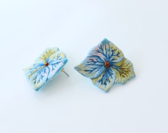 Hydrangea flower stud earrings embroidered, handmade flower lover gift