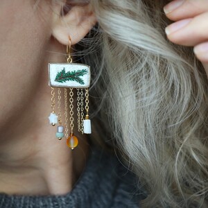 Chandelier Christmas tree earrings with dangly crystal, artisan handmade holiday festive earrings image 7