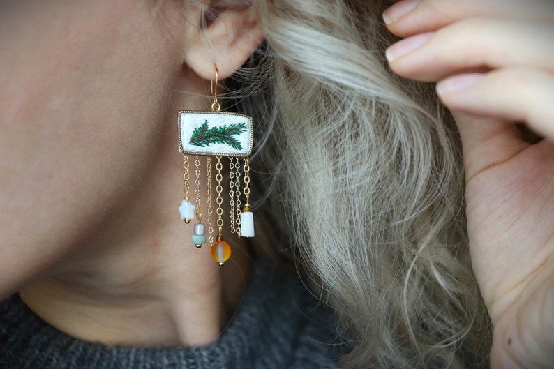 Chandelier Christmas tree earrings with dangly crystal, artisan handmade holiday festive earrings image 7