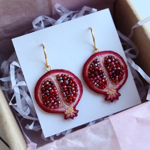 Bead pomegranate fruit earrings, embroidery food earrings as sister gift image 3