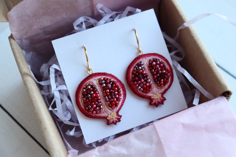 Bead pomegranate fruit earrings, embroidery food earrings as sister gift image 3