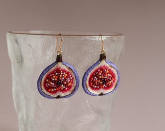 Fig fruit earrings, food embroidered seed beaded earrings.