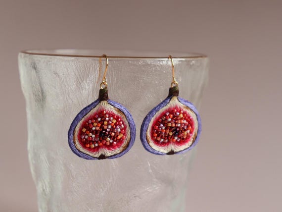 Fig fruit earrings, food embroidered seed beaded earrings.