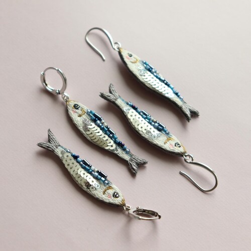 Handmade Sardine Fish Earrings: Sequined Embroidered Whimsical Jewelry