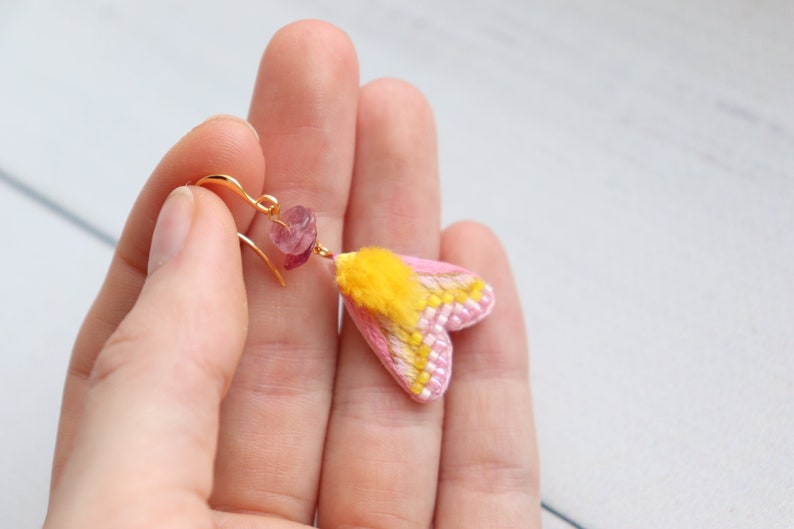 Rosy maple moth earrings, cute insect earrings as witchy jewelry image 5