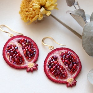 Bead pomegranate fruit earrings, embroidery food earrings as sister gift