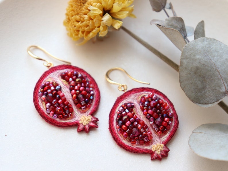 Bead pomegranate fruit earrings, embroidery food earrings as sister gift image 1