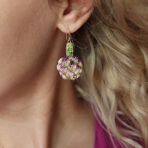 Food artichoke earrings embroidery, beaded green vegetable jewelry as fun gardener gift image 5