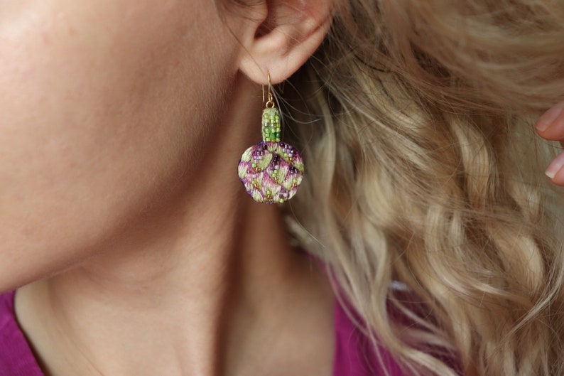 Food artichoke earrings embroidery, beaded green vegetable jewelry as fun gardener gift image 5
