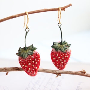 Embroidered strawberry earrings, handmade beaded fruit earrings.