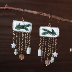 Chandelier Christmas tree earrings with dangly crystal, artisan handmade holiday festive earrings image 1