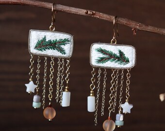 Chandelier Christmas tree earrings with dangly crystal, artisan handmade holiday festive earrings