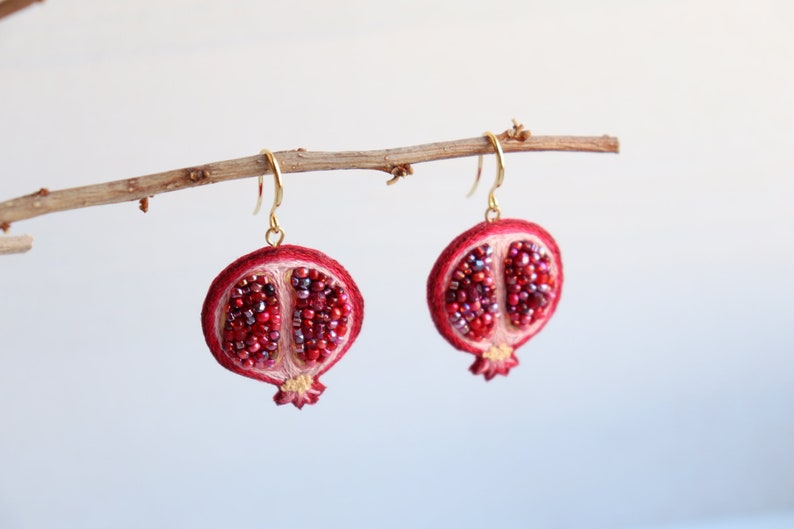 Bead pomegranate fruit earrings, embroidery food earrings as sister gift image 7