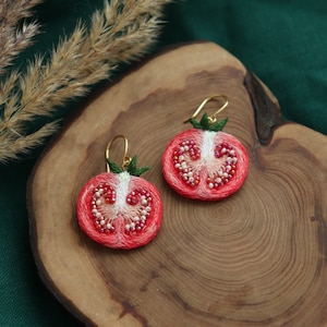 Gift tomato vegetable earrings, embroider real food funky earrings