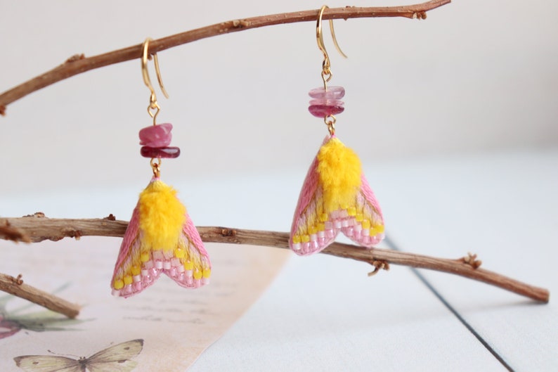 Rosy maple moth earrings, cute insect earrings as witchy jewelry image 3