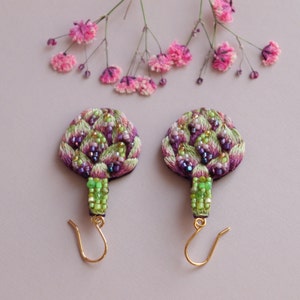 Food artichoke earrings embroidery, beaded green vegetable jewelry as fun gardener gift image 1