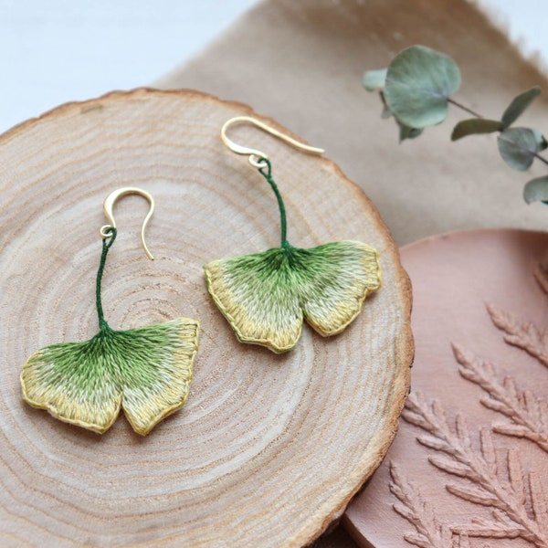 Ginkgo leaf earrings, handmade nature earrings, botanical embroidered earrings.