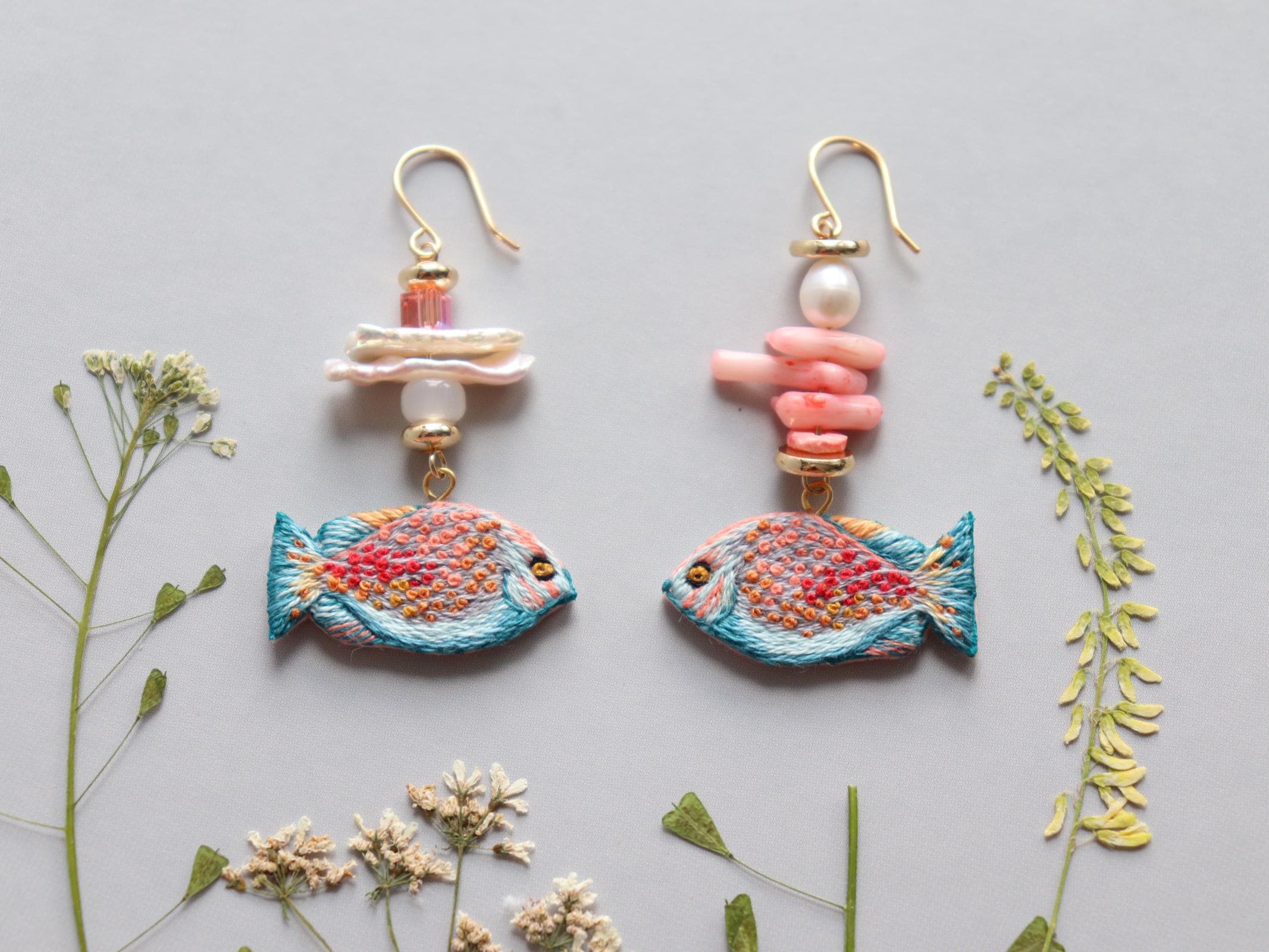 Pearl fish earrings with coral beads, embroidery shell earrings as Pisces gift