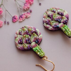 Food artichoke earrings embroidery, beaded green vegetable jewelry as fun gardener gift image 2