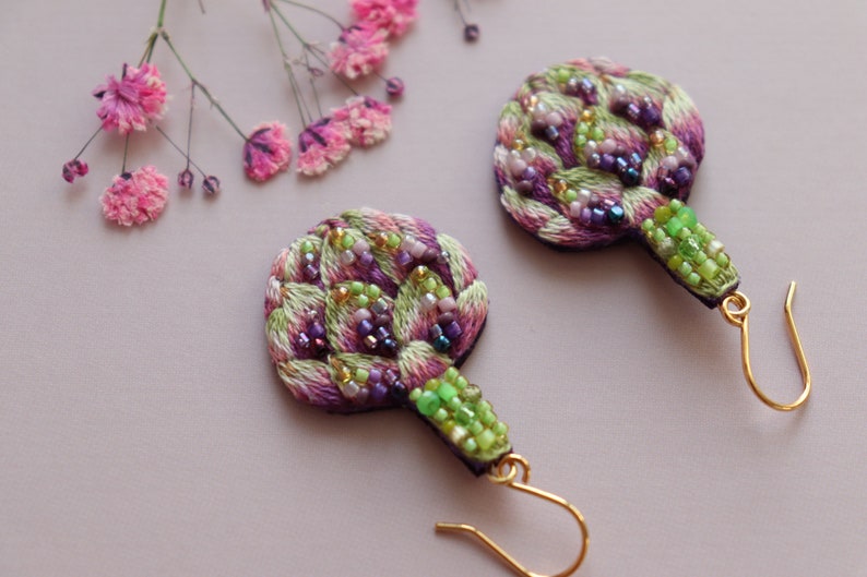 Food artichoke earrings embroidery, beaded green vegetable jewelry as fun gardener gift image 2