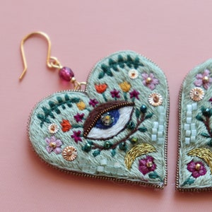 Weird Evil eye heart earrings, floral large embroidered heart jewelry image 3