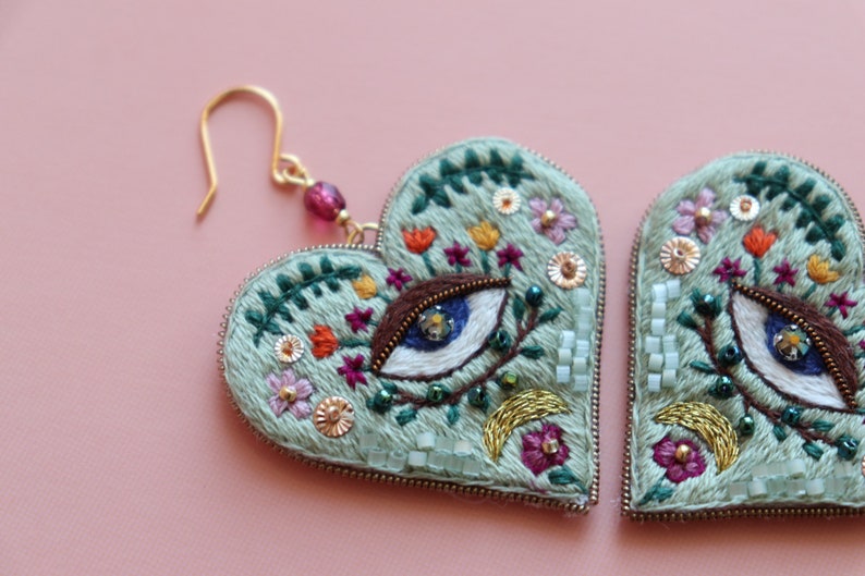 Weird Evil eye heart earrings, floral large embroidered heart jewelry image 3
