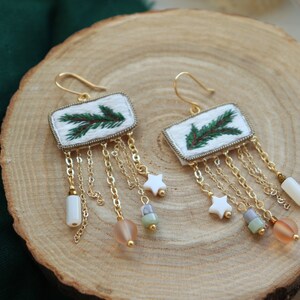 Chandelier Christmas tree earrings with dangly crystal, artisan handmade holiday festive earrings image 4