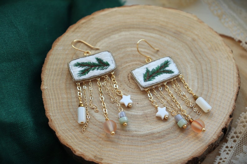 Chandelier Christmas tree earrings with dangly crystal, artisan handmade holiday festive earrings image 4