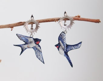Embroidered swallow bird earrings with sunburst lever back closure as gift for sister