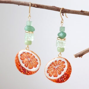 Bead orange fruit earrings embroidered, gemstone aventurine fruit jewelry
