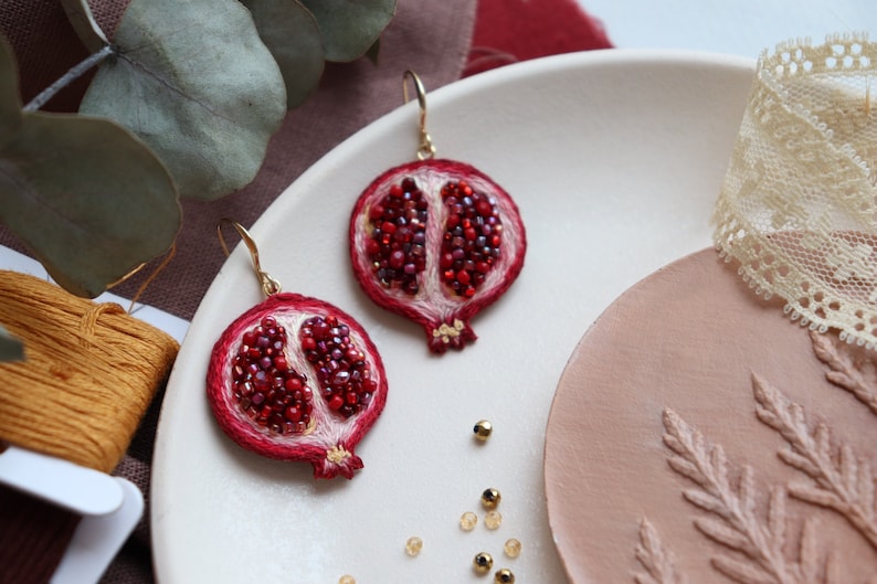 Bead pomegranate fruit earrings, embroidery food earrings as sister gift image 2