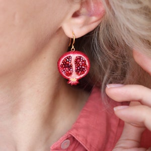 Bead pomegranate fruit earrings, embroidery food earrings as sister gift image 5