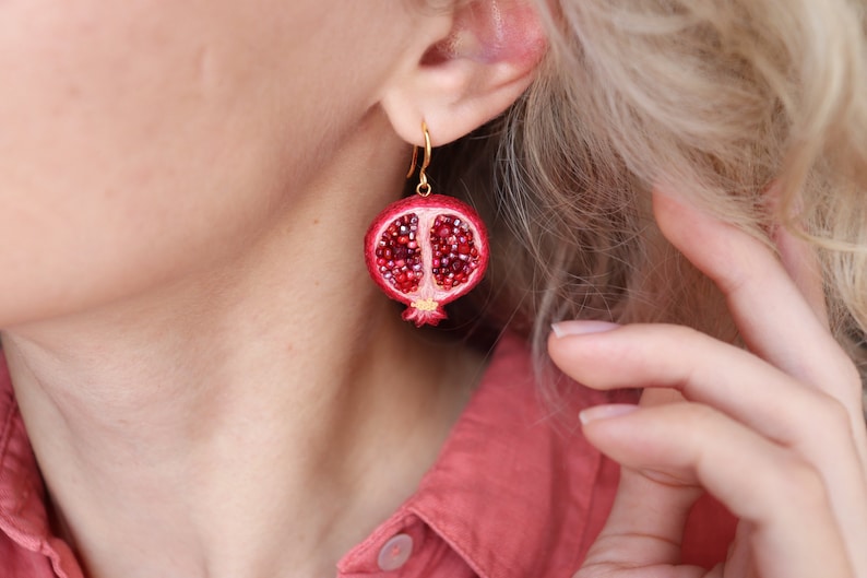 Bead pomegranate fruit earrings, embroidery food earrings as sister gift image 5