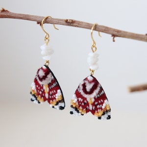 Cute embroidered insect earrings, black and red unique moth jewelry as a moonstone gift for best friend