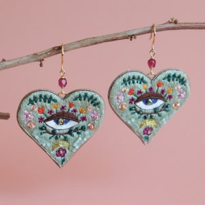 Weird Evil eye heart earrings, floral large embroidered heart jewelry