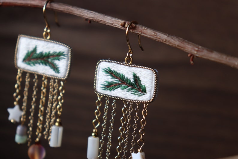 Chandelier Christmas tree earrings with dangly crystal, artisan handmade holiday festive earrings image 2